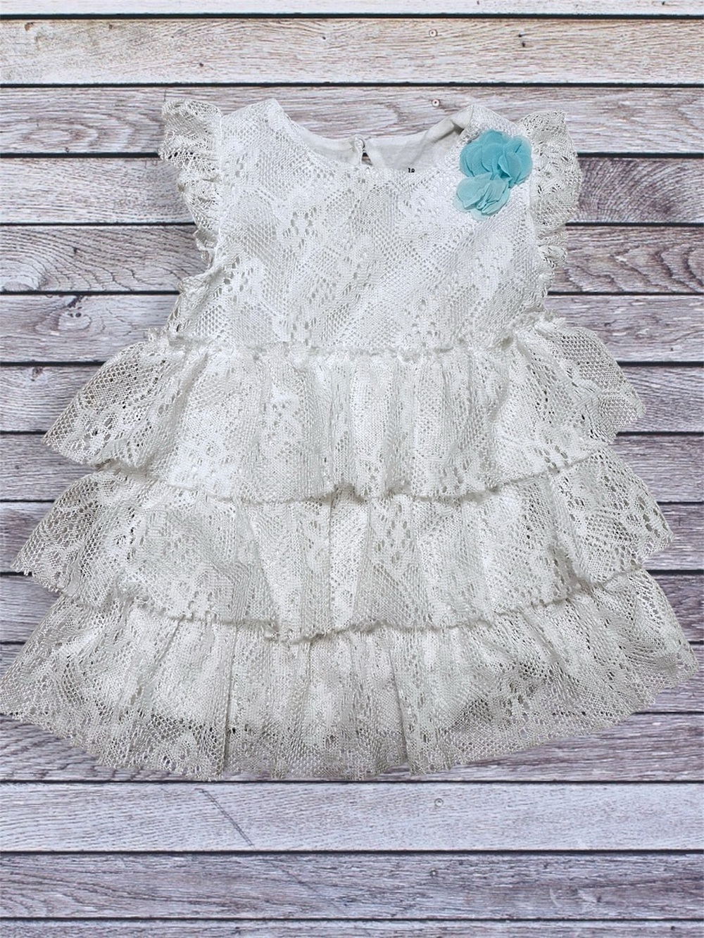 Baby Starters White Lace Tiered Ruffle Kids Dress with Blue Floral Accent 18m